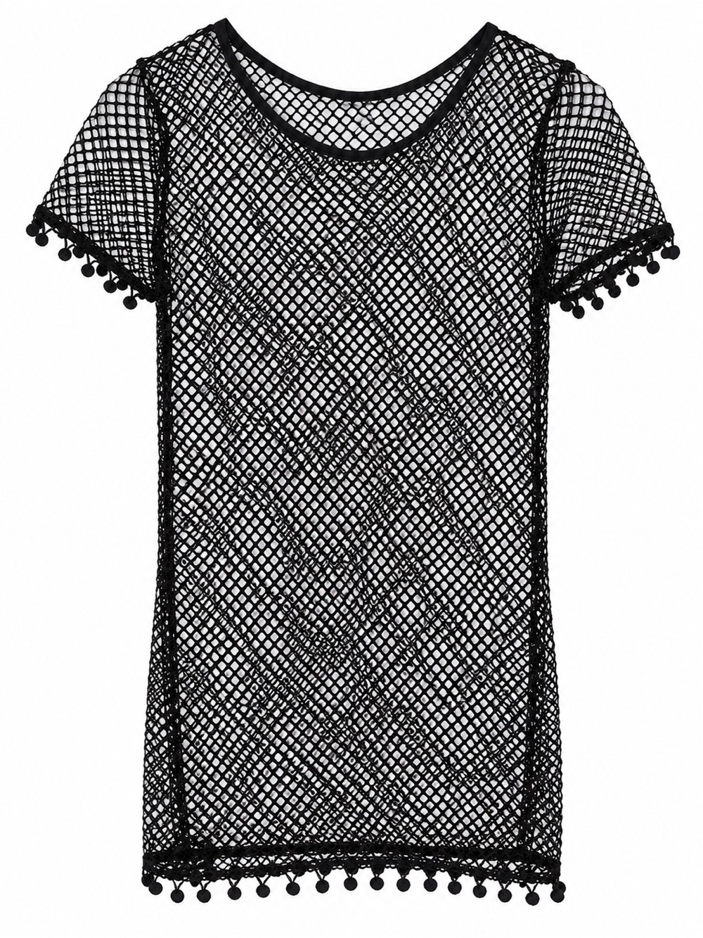 Black Fishnet Pom-Pom Tunic Cover-Up